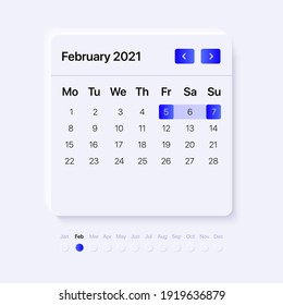 February 2021 Calendar template. User interface concept for mobile and web applications. Modern neumorphism design. Vector illustration