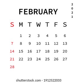 February 2021 calendar. Vector EPS 10. Isolated on white background