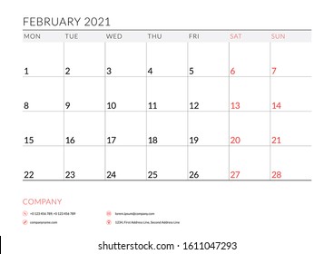 February 2021. Monthly calendar planner printable template. Vector illustration. Week starts on Monday