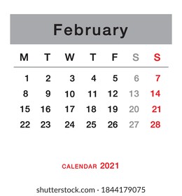 February 2021 planning calendar . Simple February 2021 calendar. Week starts from Monday. Template of calendar for February