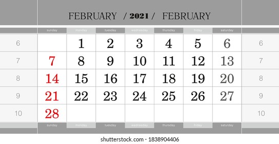 February 2021 quarterly calendar block. Wall calendar in English, week starts from Sunday. Vector Illustration.