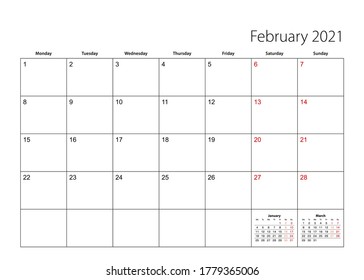 Febrero 2021 planificador simple del calendario, la semana comienza el lunes. Planificador del calendario vectorial.