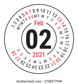 February 2021. Vector English сalendar. Round calender. Week starts on Sunday. Design template. Circle. Second month
