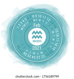 February 2021. Vector English сalendar. Zodiac sign. Aquarius. Astrological symbol. Zodiacal color vector horoscope. Watercolor kid's sketch doodle. Hand drawn frame. Round calender. Smoky circle
