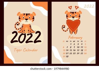 February 2022 calendar and cover. Cute tiger cub with a heart, congratulates on Valentines Day. Year of the Tiger in Chinese or oriental. Vector. Vertical A4 template. Week starts on Sunday 