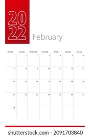 February 2022 calendar design. Week starts on Monday. Vertical 2022 calendar template.