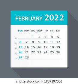 February 2022 Calendar Green Leaf - Vector Illustration