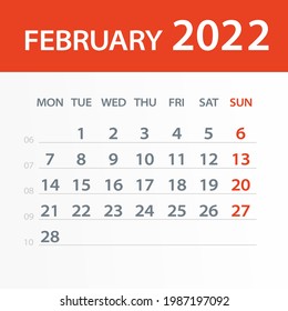 Febrero de 2022 Hoja del Calendario - Ilustración del vector. La semana empieza el lunes