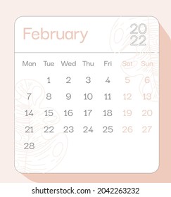 February 2022 calendar month planner with floral pattern, week starts on Monday, template, mock up calendar leaf illustration. Vector graphic page