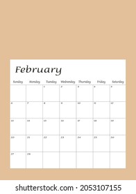 Febrero de 2022. Plantilla de diseño del planificador de calendarios. La semana comienza el domingo. Diseño estacional. Ilustración vectorial