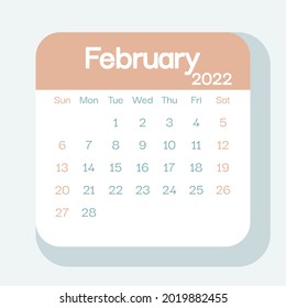 February 2022 calendar planner in pastel color, week starts on Sunday, template, mock up calendar leaf - Illustration. Vector graphic page