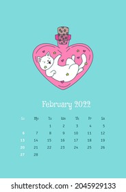 February 2022 calendar. Calendar template decorated with a cute cat sitting in the heart shaped magic bottle. Vector illustration 10 EPS.
