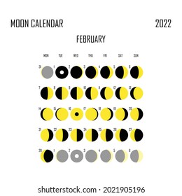 February 2022 Moon calendar. Astrological calendar design. planner. Place for stickers. Month cycle planner mockup. Isolated black and white background.