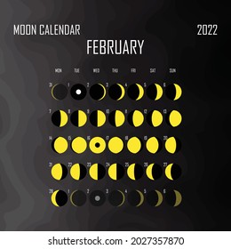 February 2022 Moon calendar. Astrological calendar design. planner. Place for stickers. Month cycle planner mockup. Isolated black and white background.