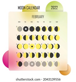 February 2022 Moon calendar. Astrological calendar design. planner. Place for stickers. Month cycle planner mockup. Isolated colorful glassmorphism background.