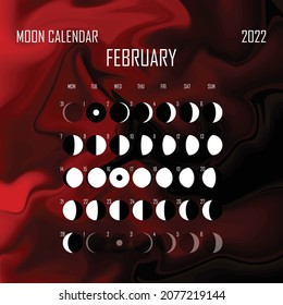 February 2022 Moon calendar. Astrological calendar design. planner. Place for stickers. Month cycle planner mockup. Isolated color liquid background.