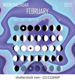 February 2022 Moon calendar. Astrological calendar design. planner. Place for stickers. Month cycle planner mockup. Isolated color liquid background.