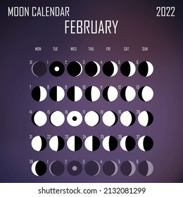 February 2022 Moon calendar. Astrological calendar design. planner. Place for stickers. Month cycle planner mockup. Isolated color liquid background.