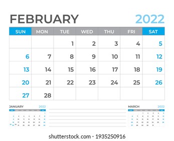 February 2022 page, Calendar 2022 template, Desk calendar, planner design, Wall calendar, week starts on sunday, stationery design, Desk office, organizer office, vector 