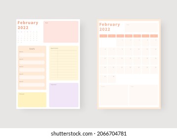 February 2022 planner template set. Set of planner and to do list. Monthly, weekly, daily planner template. Vector illustration.