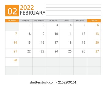 Plantilla de febrero de 2022, Calendario planificador 2022, semana de inicio el lunes, calendario de escritorio 2022 año, diseño simple y limpio, calendario de pared, plantilla de planificación de diseño corporativo, vector de medios impresos