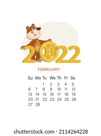 February 2022. Vector cryptocurrency calendar. Bitcoin and the bear market. Calendar page with bear 