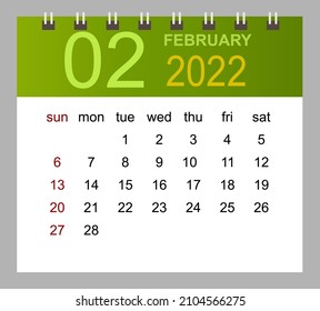 Febrero de 2022. Plantilla de calendario mensual vectorial 2022 año en un estilo sencillo para el diseño de plantillas. La semana comienza el domingo.