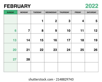 Planervorlage für Februar 2022, Vorlage Kalender 2022, Monatsplaner und Jahresplaner. Organigertagebuch. Wochenbeginn Sonntag, Vorlage für Firmenplaner, Schreibtischkalender 2022, grüner Hintergrund, Vektorgrafik