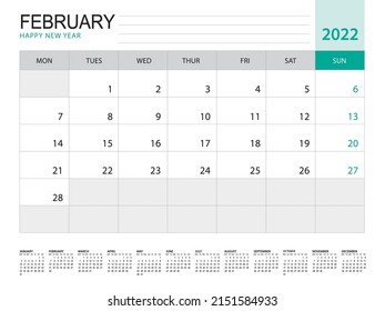 February 2022-Calendar 2022 template vector on green background, week start on monday, Desk calendar 2022 year, Wall calendar design, corporate planner template, Stationery, organizer diary, vector