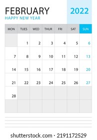 Febrero de 2022-Calendario 2022, vector de plantilla sobre fondo azul, semana de inicio en lunes, calendario de escritorio 2022 año, diseño de calendario de pared, plantilla de planificador corporativo, Stationery, diario de organizadores, vector