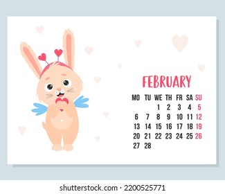 february 2023 calendar. Cute bunny cupid with an heart. rabbit is symbol 2023 year to Chinese zodiac. Vector illustration. horizontal Template. Week from Monday In English