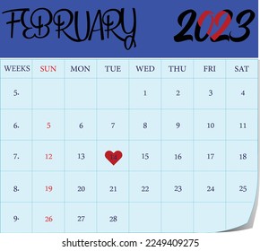 February 2023 calendar new and amazing design vector. 
 14 February valentine's day heart shape. 2023 red heart shape