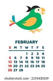February 2023 calendar page. Vector cartoon illustration with cute pirate parrot. Template for print. Vertical layout. White background