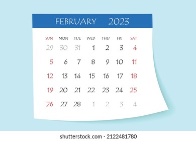 February 2023 calendar planner. Corporate week. Template layout, 12 months yearly, white background. Simple design for business brochure, flyer, print media, advertisement. Week starts from Monday.