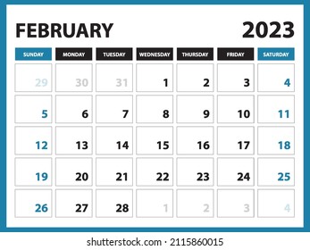 February 2023 Calendar Printable, Calendar 2023 template, planner design, Desk calendar 2023 template, Wall calendar, organizer office, week starts on sunday, vector eps 10