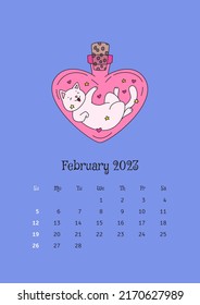 February 2023 calendar. Calendar template decorated with a cute cat sitting in the heart shaped magic bottle. Vector illustration 10 EPS.