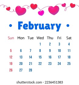 February 2023 Calendar. February 2023 Calendar vector illustration with cute hearts. Calendar Vector Template, Simple Minimal Design. Calendar Template For February 2023.