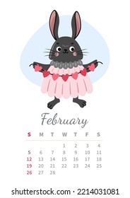 February 2023 calendar vertical page. Cute bunny girl holding heart garland. Saint valentine day. Chinese black water rabbit, symbol of year. A4 wall calendar design. Vector illustration.