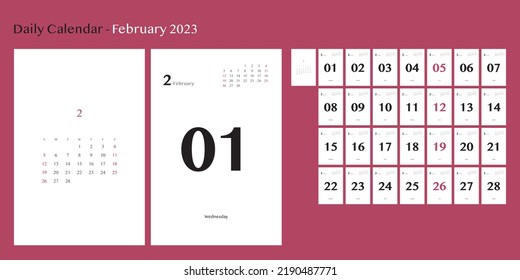 Februar des Tageskalenders 2023 (einschließlich Monatskalender)