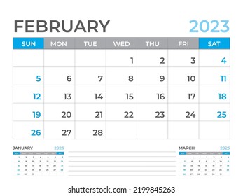 February 2023 page, Calendar 2023 template, Desk calendar 2023 year, planner design, Wall calendar, week starts on sunday, stationery design, Desk office, organizer office, vector eps10