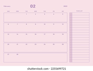 February 2023 simple design digital and printable calendar template illustration. Notes, scheduler, diary, calendar, memo, planner document template background. 