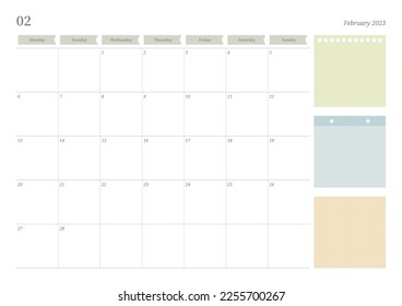 February 2023 simple design digital and printable calendar template illustration. Notes, scheduler, diary, calendar, memo, planner document template background. 