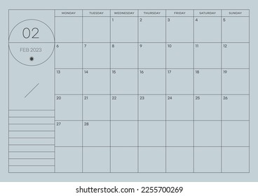 Febrero de 2023 diseño simple digital e imprimible ilustración de plantilla de calendario. Notas, programador, diario, calendario, nota, fondo de plantilla de documento del planificador. 