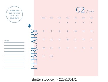 February 2023 simple design digital and printable calendar template illustration. Notes, scheduler, diary, calendar, memo, planner document template background. 