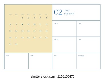 February 2023 simple design digital and printable calendar template illustration. Notes, scheduler, diary, calendar, memo, planner document template background. 