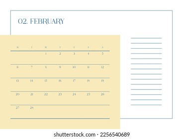 February 2023 simple design digital and printable calendar template illustration. Notes, scheduler, diary, calendar, memo, planner document template background. 