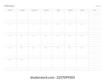 February 2023 simple design digital and printable calendar template illustration. Notes, scheduler, diary, calendar, memo, planner document template background. 