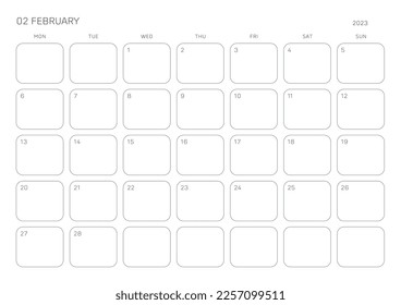 February 2023 simple design digital and printable calendar template illustration. Notes, scheduler, diary, calendar, memo, planner document template background. 
