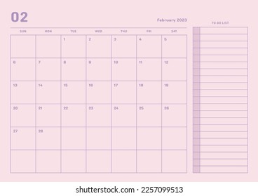 February 2023 simple design digital and printable calendar template illustration. Notes, scheduler, diary, calendar, memo, planner document template background. 