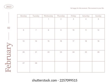 February 2023 simple design digital and printable calendar template illustration. Notes, scheduler, diary, calendar, memo, planner document template background. 